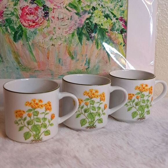 Vintage Other - Three Vintage Japan Yellow Floral Ceramic Cups Decor Mid Century Modern
